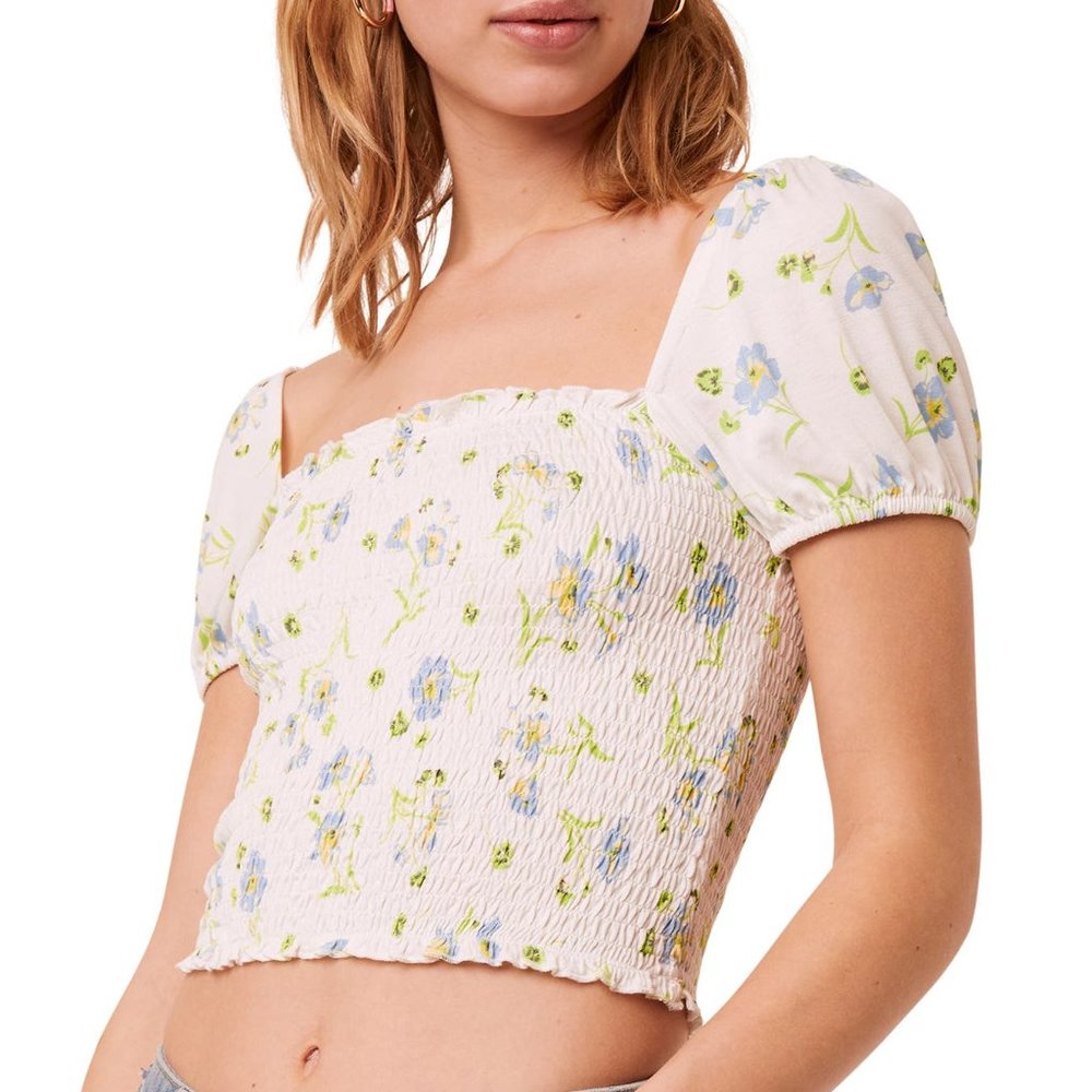 French Connection Cottagecore Spring Festival Floral Smocked Crop Top Blouse